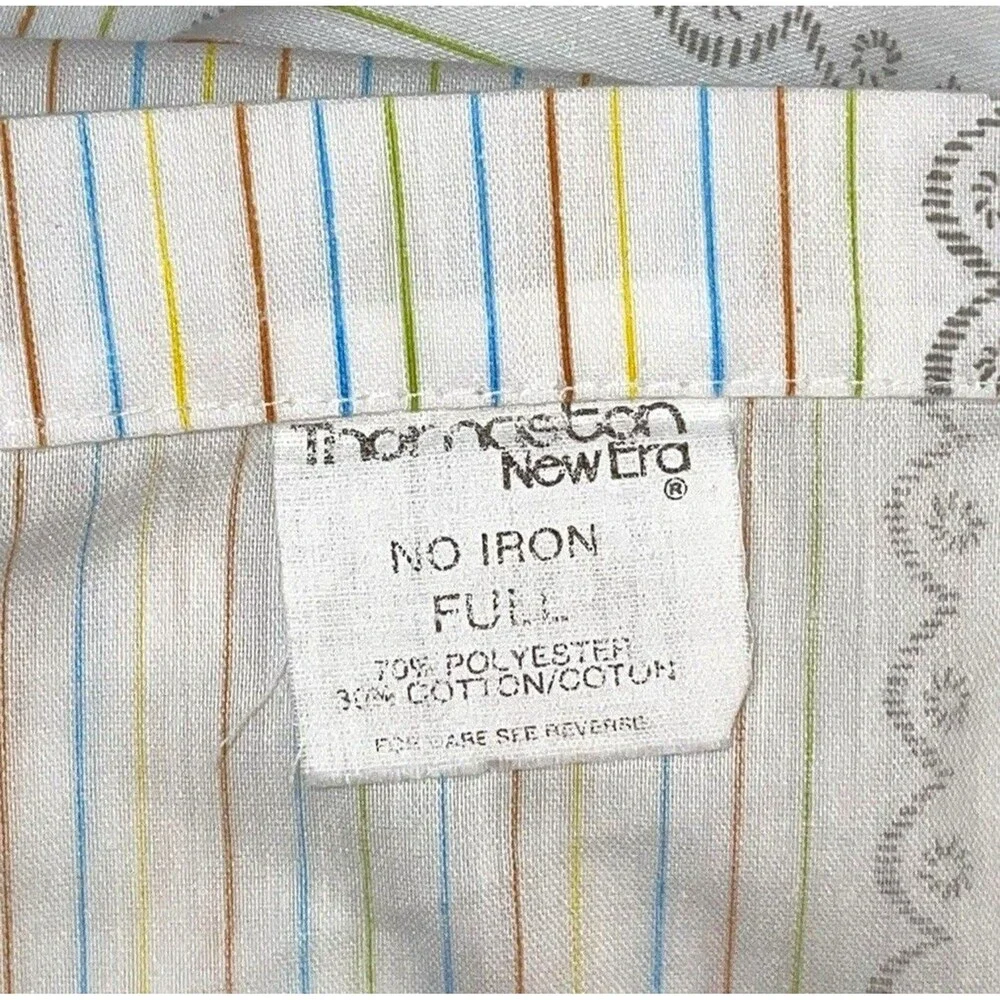 Vtg Thomaston Full Size Sheet Set 3pc White Floral Stripe Fitted Flat Pillowcase
